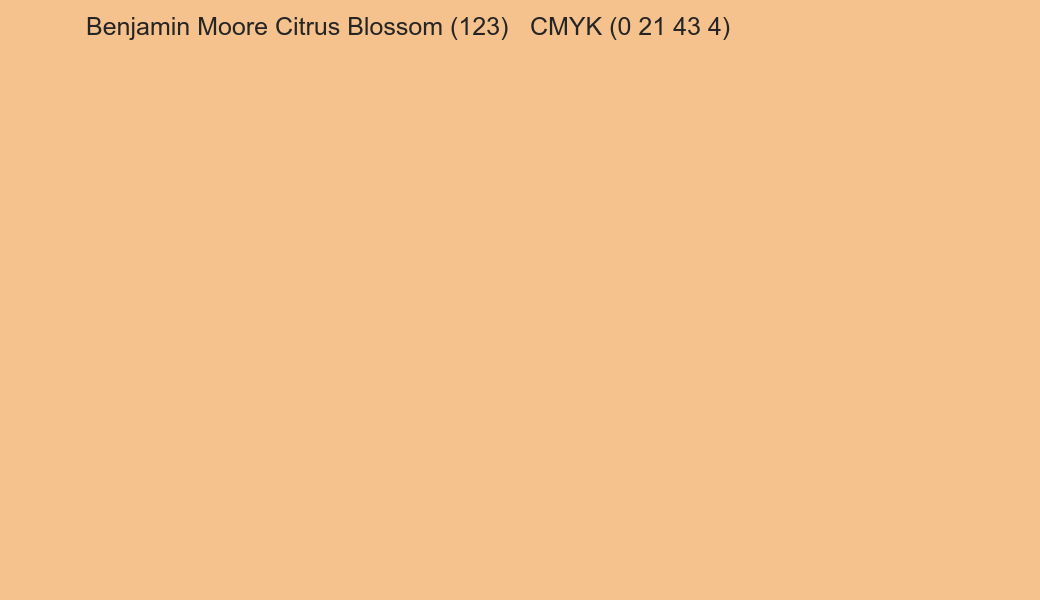 Color Benjamin Moore Citrus Blossom (123) to CMYK (0 21 43 4) converter Color Benjamin Moore Citrus Blossom (123) to CMYK (0 21 43 4) converter