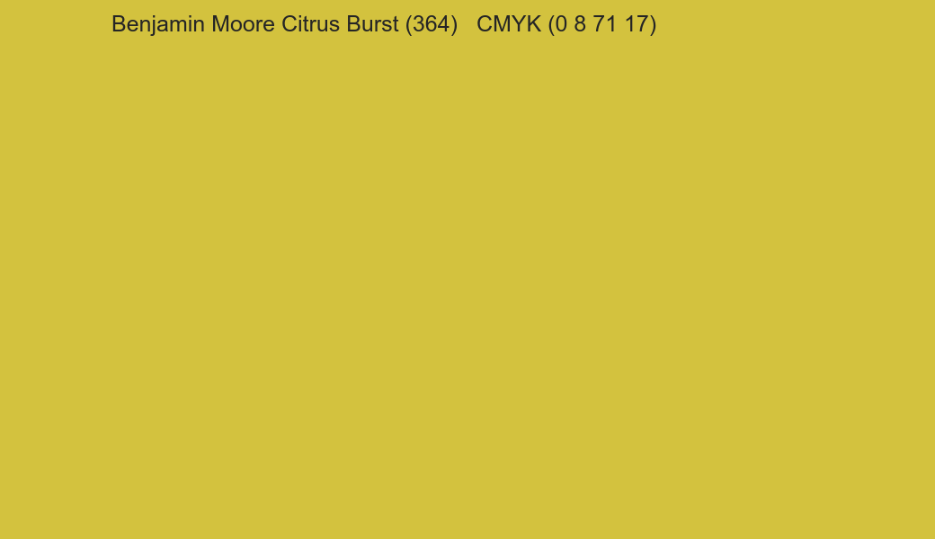 Color Benjamin Moore Citrus Burst (364) to CMYK (0 8 71 17) converter Color Benjamin Moore Citrus Burst (364) to CMYK (0 8 71 17) converter