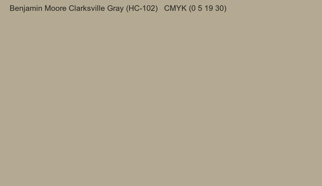 Color Benjamin Moore Clarksville Gray (HC-102) to CMYK (0 5 19 30) converter Color Benjamin Moore Clarksville Gray (HC-102) to CMYK (0 5 19 30) converter