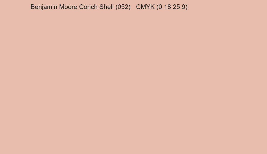 Color Benjamin Moore Conch Shell (052) to CMYK (0 18 25 9) converter Color Benjamin Moore Conch Shell (052) to CMYK (0 18 25 9) converter