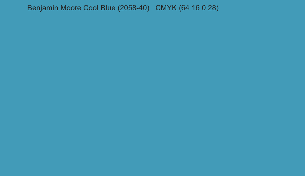 Color Benjamin Moore Cool Blue (2058-40) to CMYK (64 16 0 28) converter Color Benjamin Moore Cool Blue (2058-40) to CMYK (64 16 0 28) converter