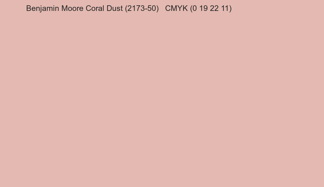Color Benjamin Moore Coral Dust (2173-50) to CMYK (0 19 22 11) converter Color Benjamin Moore Coral Dust (2173-50) to CMYK (0 19 22 11) converter