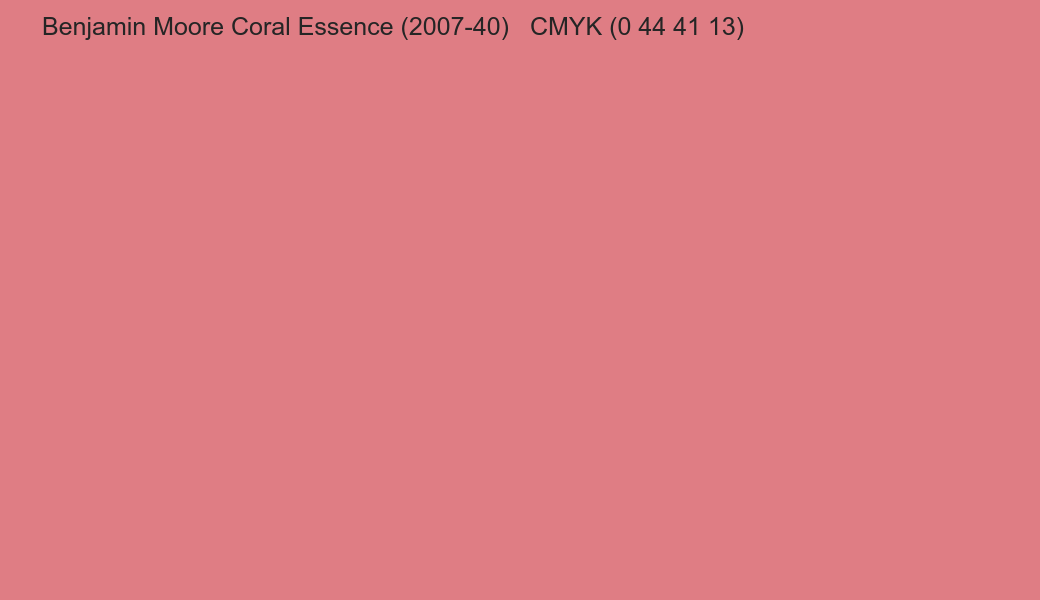 Color Benjamin Moore Coral Essence (2007-40) to CMYK (0 44 41 13) converter Color Benjamin Moore Coral Essence (2007-40) to CMYK (0 44 41 13) converter