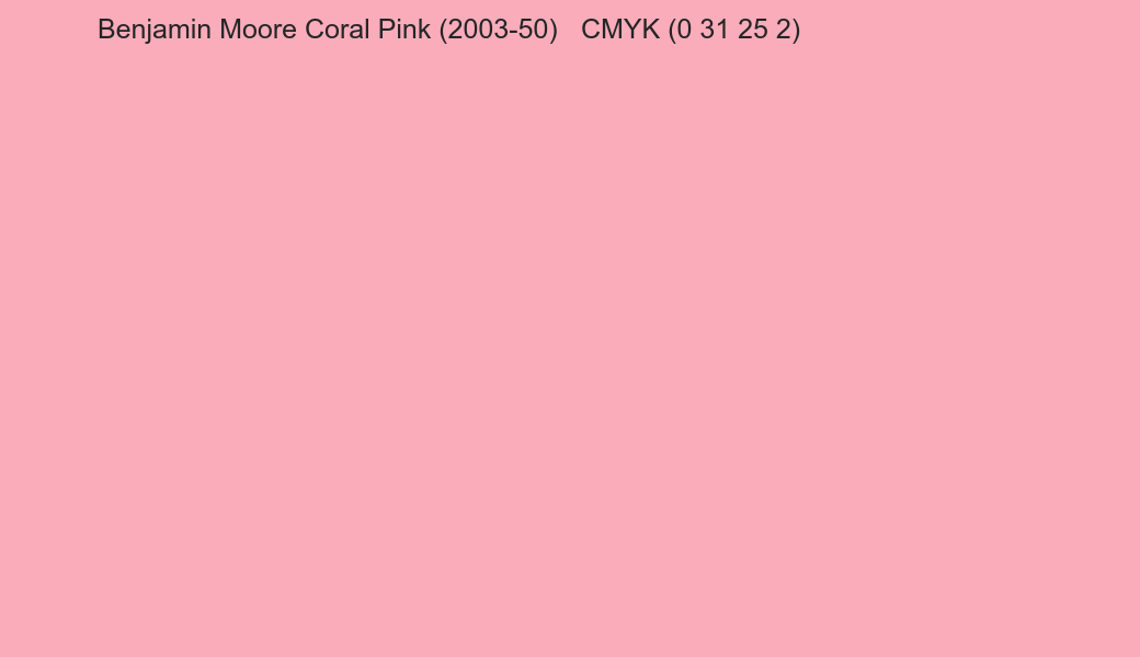 Color Benjamin Moore Coral Pink (2003-50) to CMYK (0 31 25 2) converter Color Benjamin Moore Coral Pink (2003-50) to CMYK (0 31 25 2) converter
