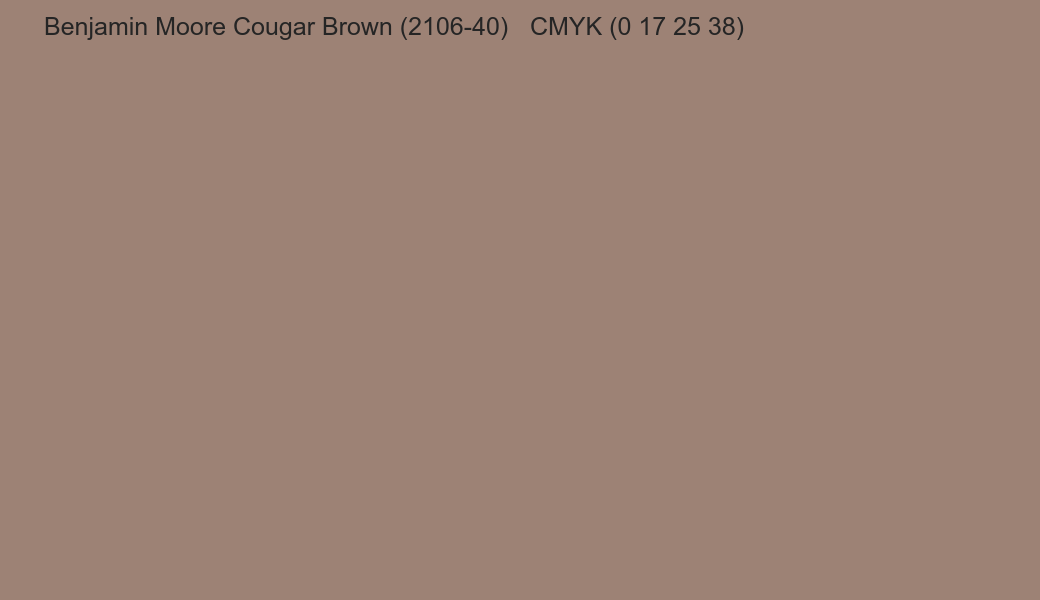 Color Benjamin Moore Cougar Brown (2106-40) to CMYK (0 17 25 38) converter Color Benjamin Moore Cougar Brown (2106-40) to CMYK (0 17 25 38) converter