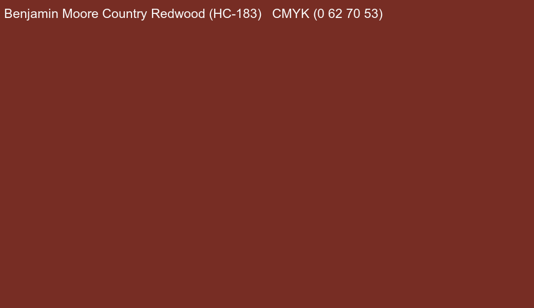Color Benjamin Moore Country Redwood (HC-183) to CMYK (0 62 70 53) converter Color Benjamin Moore Country Redwood (HC-183) to CMYK (0 62 70 53) converter