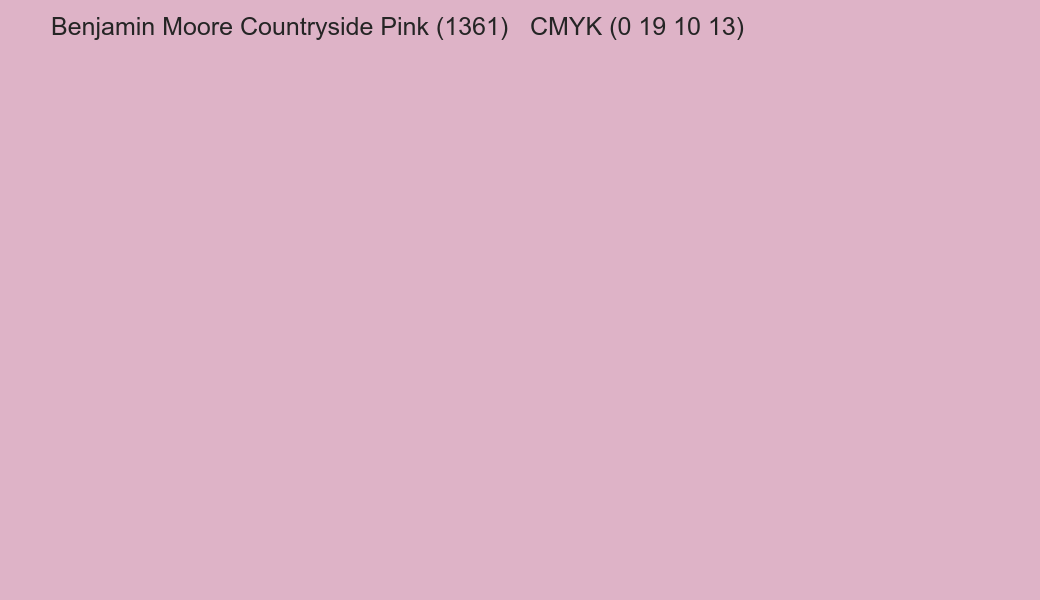 Color Benjamin Moore Countryside Pink (1361) to CMYK (0 19 10 13) converter Color Benjamin Moore Countryside Pink (1361) to CMYK (0 19 10 13) converter