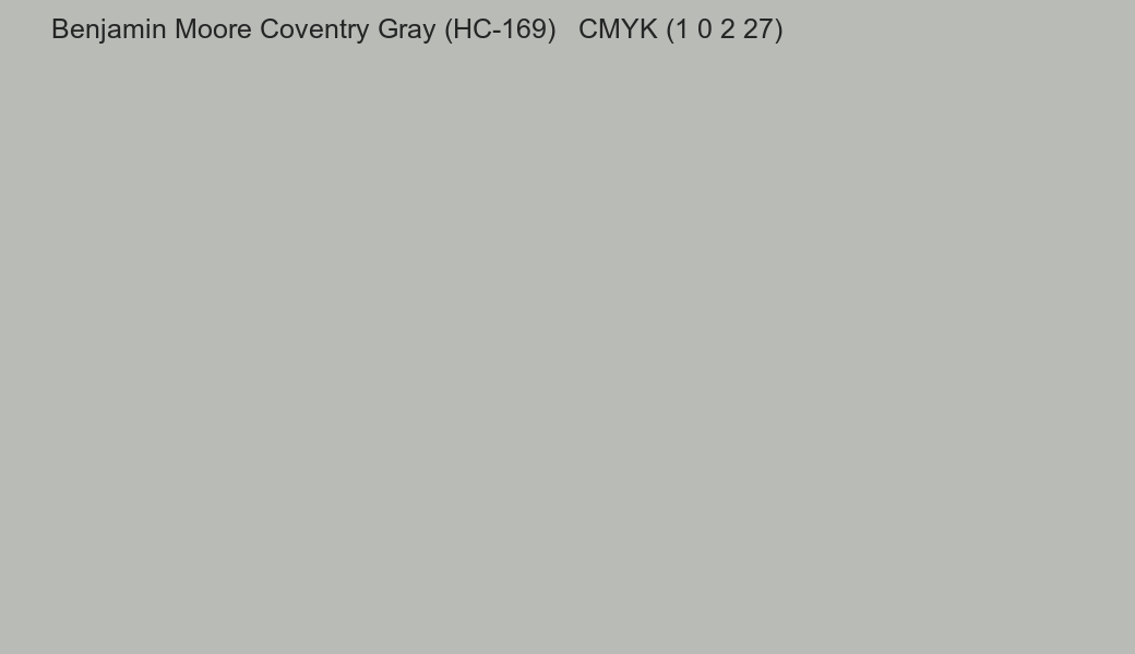 Color Benjamin Moore Coventry Gray (HC-169) to CMYK (1 0 2 27) converter Color Benjamin Moore Coventry Gray (HC-169) to CMYK (1 0 2 27) converter