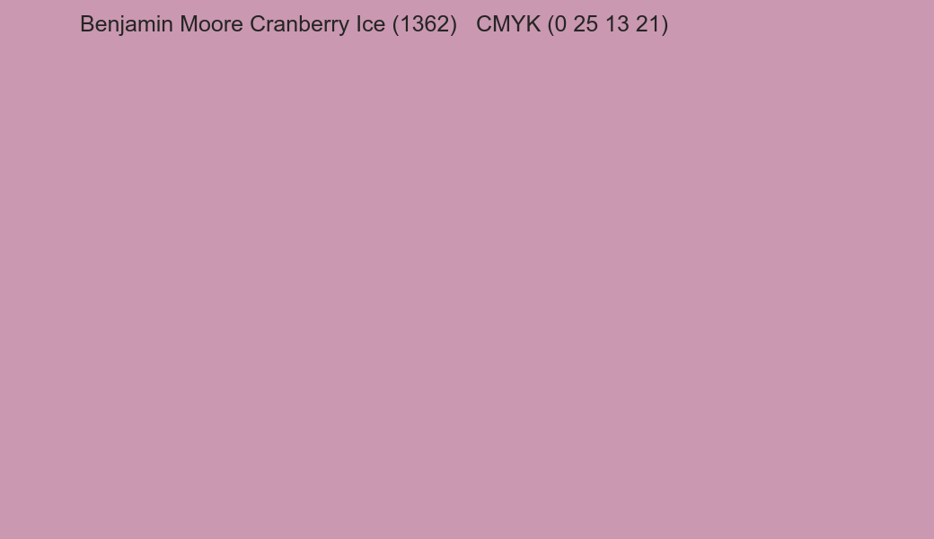 Color Benjamin Moore Cranberry Ice (1362) to CMYK (0 25 13 21) converter Color Benjamin Moore Cranberry Ice (1362) to CMYK (0 25 13 21) converter