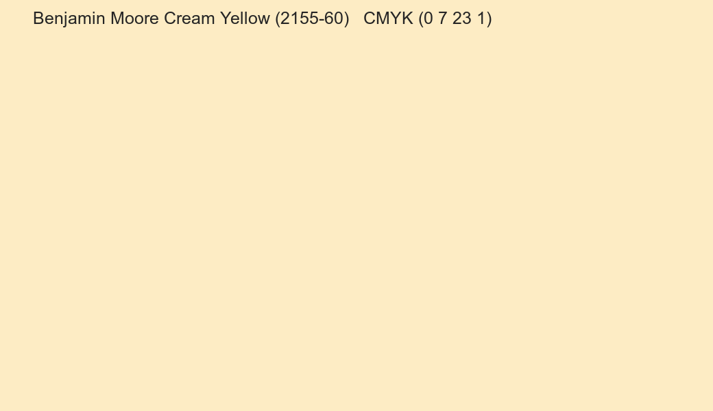 Color Benjamin Moore Cream Yellow (2155-60) to CMYK (0 7 23 1) converter Color Benjamin Moore Cream Yellow (2155-60) to CMYK (0 7 23 1) converter