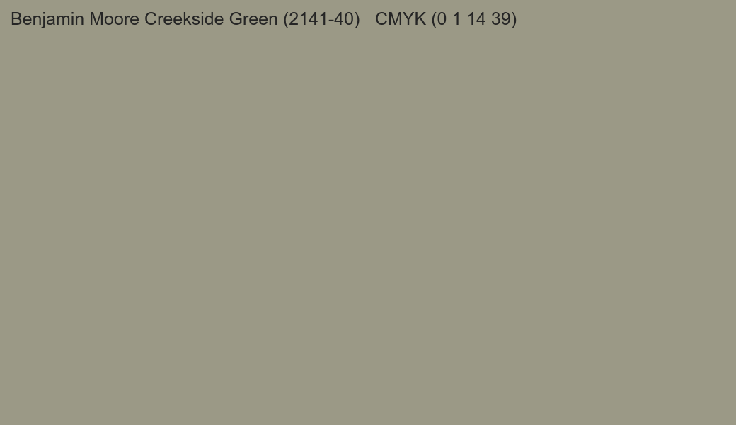 Color Benjamin Moore Creekside Green (2141-40) to CMYK (0 1 14 39) converter Color Benjamin Moore Creekside Green (2141-40) to CMYK (0 1 14 39) converter