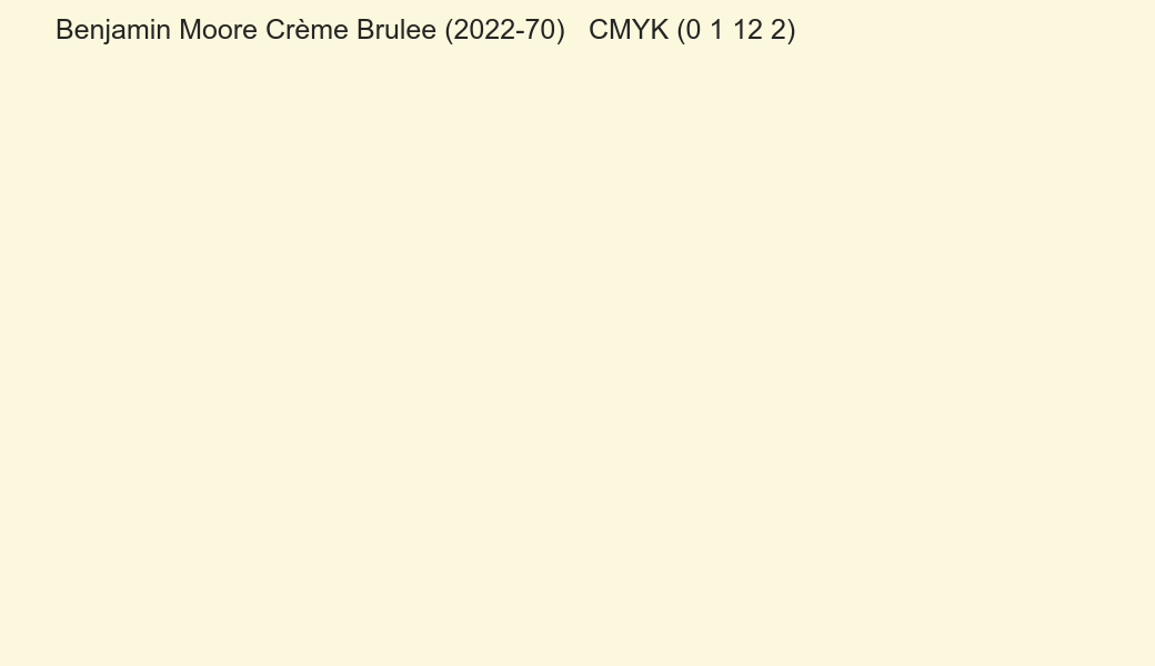 Color Benjamin Moore Crème Brulee (2022-70) to CMYK (0 1 12 2) converter Color Benjamin Moore Crème Brulee (2022-70) to CMYK (0 1 12 2) converter