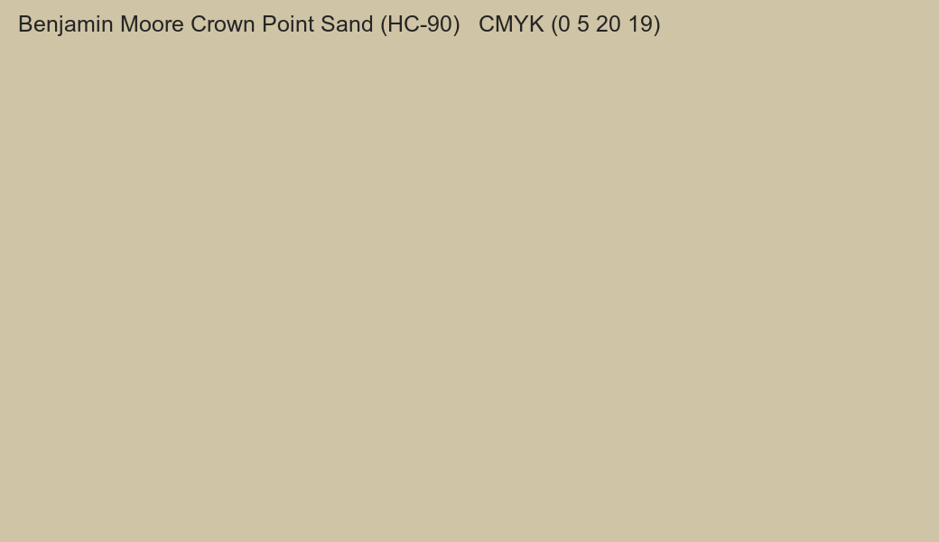 Color Benjamin Moore Crown Point Sand (HC-90) to CMYK (0 5 20 19) converter Color Benjamin Moore Crown Point Sand (HC-90) to CMYK (0 5 20 19) converter