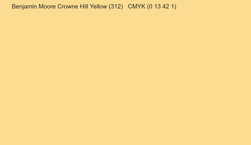 Color Benjamin Moore Crowne Hill Yellow (312) to CMYK (0 13 42 1) converter Color Benjamin Moore Crowne Hill Yellow (312) to CMYK (0 13 42 1) converter