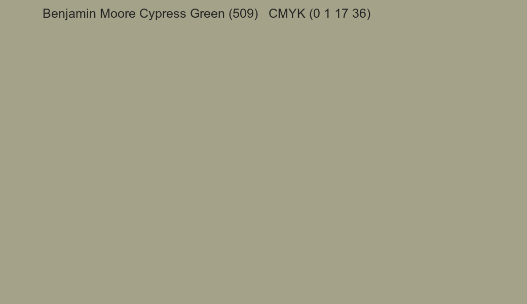 Color Benjamin Moore Cypress Green (509) to CMYK (0 1 17 36) converter Color Benjamin Moore Cypress Green (509) to CMYK (0 1 17 36) converter