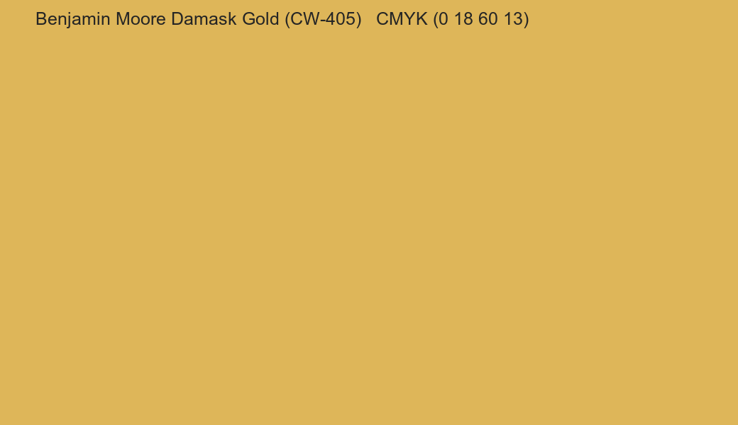 Color Benjamin Moore Damask Gold (CW-405) to CMYK (0 18 60 13) converter Color Benjamin Moore Damask Gold (CW-405) to CMYK (0 18 60 13) converter