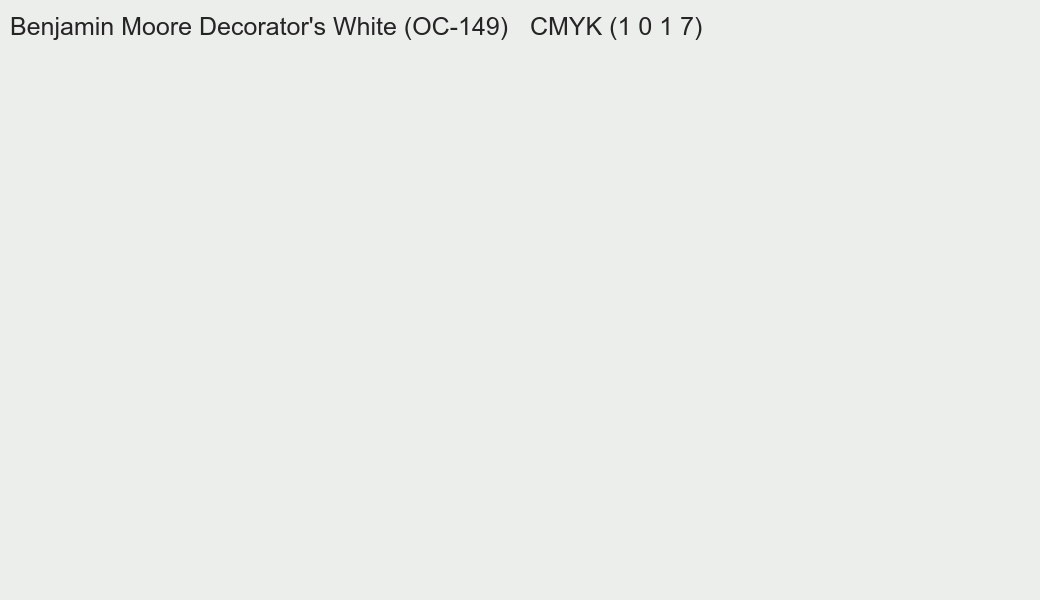 Color Benjamin Moore Decorator's White (OC-149) to CMYK (1 0 1 7) converter Color Benjamin Moore Decorator's White (OC-149) to CMYK (1 0 1 7) converter