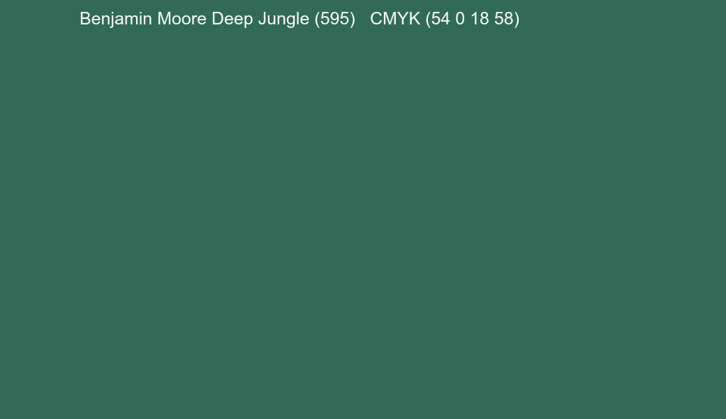 Color Benjamin Moore Deep Jungle (595) to CMYK (54 0 18 58) converter Color Benjamin Moore Deep Jungle (595) to CMYK (54 0 18 58) converter
