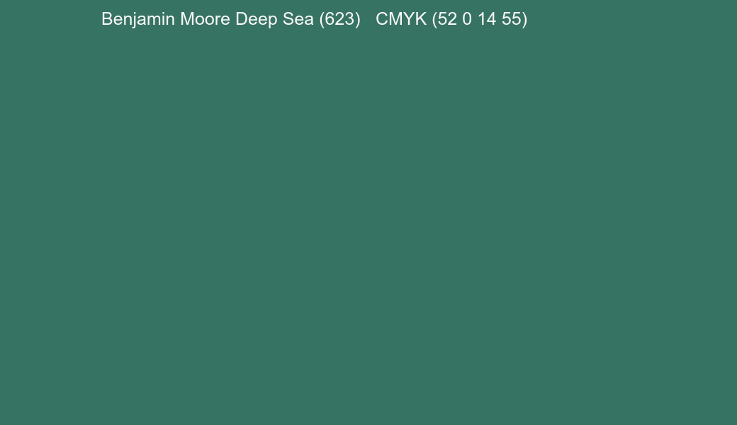 Color Benjamin Moore Deep Sea (623) to CMYK (52 0 14 55) converter Color Benjamin Moore Deep Sea (623) to CMYK (52 0 14 55) converter