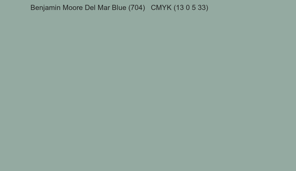 Color Benjamin Moore Del Mar Blue (704) to CMYK (13 0 5 33) converter Color Benjamin Moore Del Mar Blue (704) to CMYK (13 0 5 33) converter