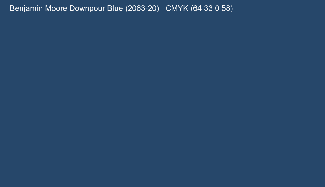 Color Benjamin Moore Downpour Blue (2063-20) to CMYK (64 33 0 58) converter Color Benjamin Moore Downpour Blue (2063-20) to CMYK (64 33 0 58) converter