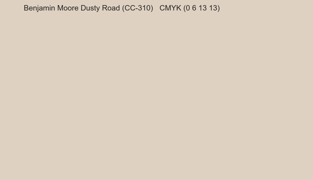 Color Benjamin Moore Dusty Road (CC-310) to CMYK (0 6 13 13) converter Color Benjamin Moore Dusty Road (CC-310) to CMYK (0 6 13 13) converter