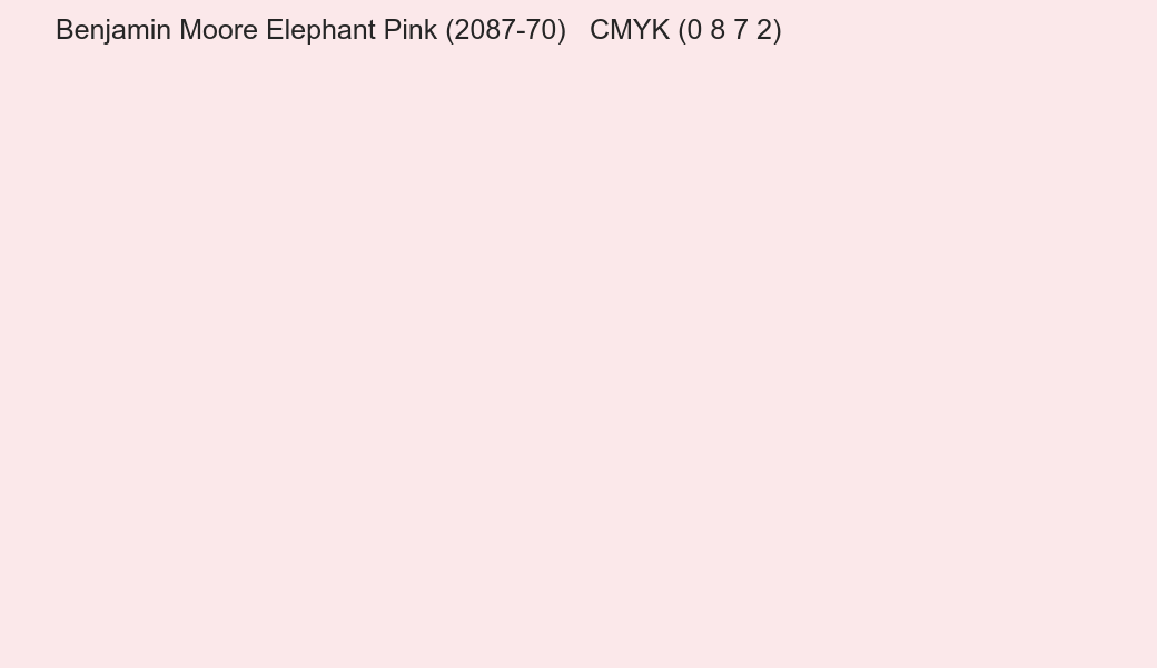 Color Benjamin Moore Elephant Pink (2087-70) to CMYK (0 8 7 2) converter Color Benjamin Moore Elephant Pink (2087-70) to CMYK (0 8 7 2) converter