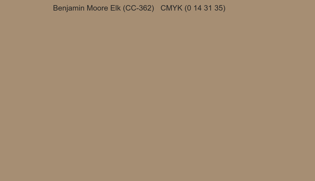 Color Benjamin Moore Elk (CC-362) to CMYK (0 14 31 35) converter Color Benjamin Moore Elk (CC-362) to CMYK (0 14 31 35) converter