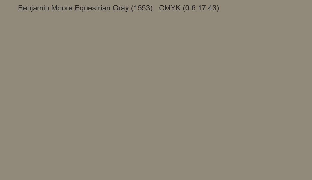 Color Benjamin Moore Equestrian Gray (1553) to CMYK (0 6 17 43) converter Color Benjamin Moore Equestrian Gray (1553) to CMYK (0 6 17 43) converter