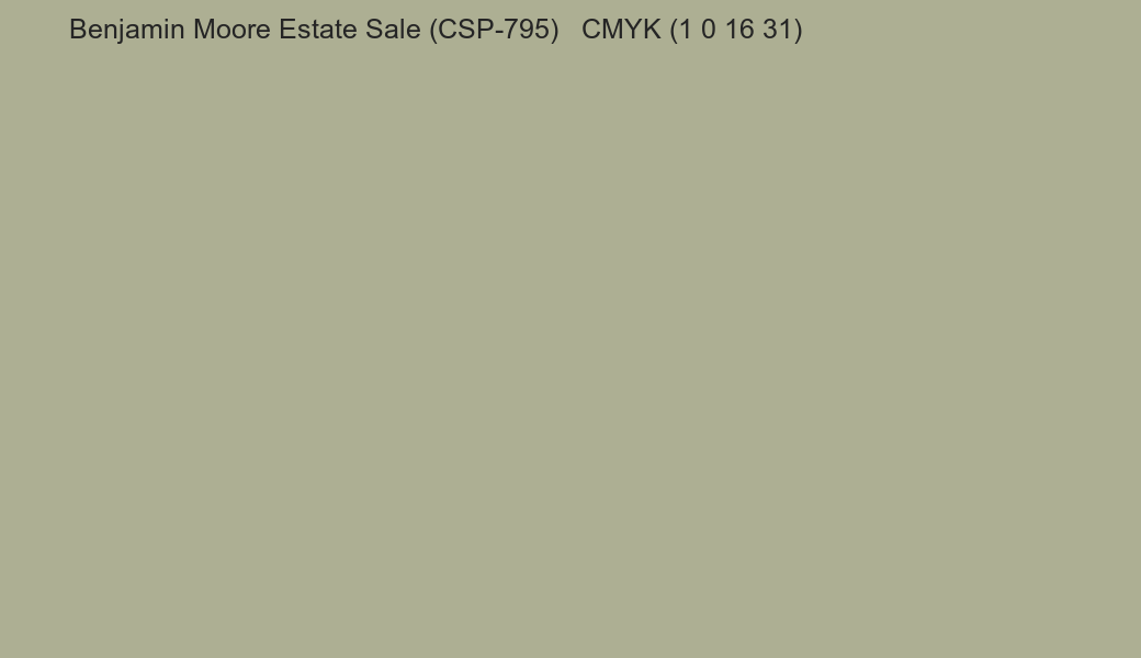 Color Benjamin Moore Estate Sale (CSP-795) to CMYK (1 0 16 31) converter Color Benjamin Moore Estate Sale (CSP-795) to CMYK (1 0 16 31) converter