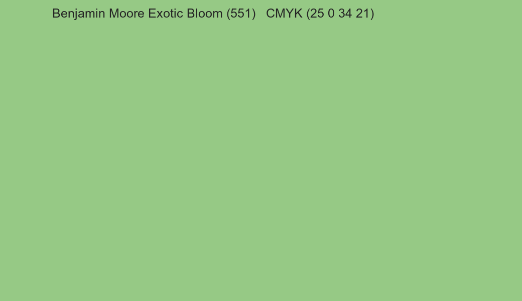 Color Benjamin Moore Exotic Bloom (551) to CMYK (25 0 34 21) converter Color Benjamin Moore Exotic Bloom (551) to CMYK (25 0 34 21) converter