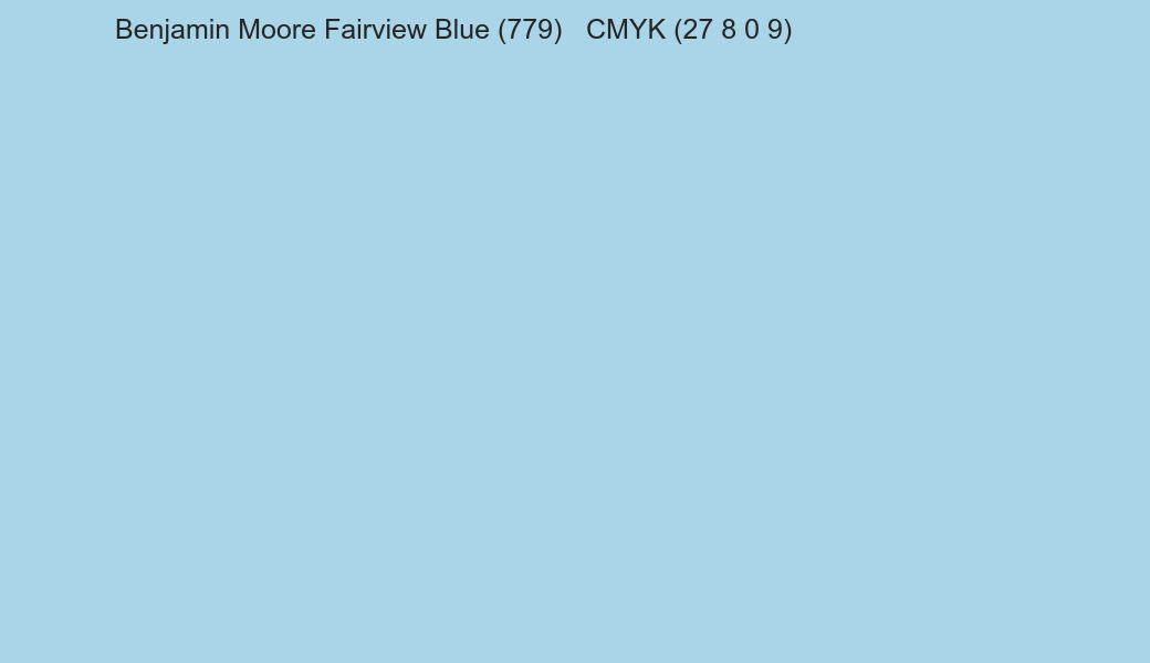 Color Benjamin Moore Fairview Blue (779) to CMYK (27 8 0 9) converter Color Benjamin Moore Fairview Blue (779) to CMYK (27 8 0 9) converter