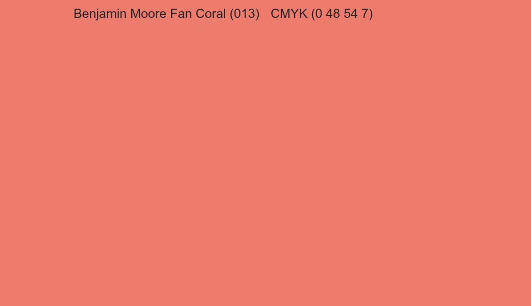 Color Benjamin Moore Fan Coral (013) to CMYK (0 48 54 7) converter Color Benjamin Moore Fan Coral (013) to CMYK (0 48 54 7) converter