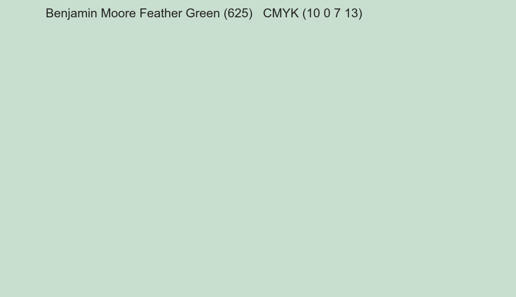 Color Benjamin Moore Feather Green (625) to CMYK (10 0 7 13) converter Color Benjamin Moore Feather Green (625) to CMYK (10 0 7 13) converter