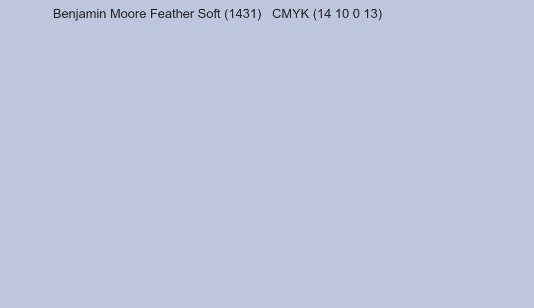 Color Benjamin Moore Feather Soft (1431) to CMYK (14 10 0 13) converter Color Benjamin Moore Feather Soft (1431) to CMYK (14 10 0 13) converter