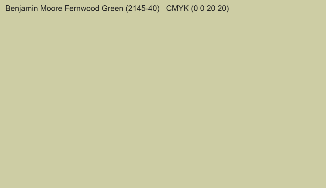 Color Benjamin Moore Fernwood Green (2145-40) to CMYK (0 0 20 20) converter Color Benjamin Moore Fernwood Green (2145-40) to CMYK (0 0 20 20) converter