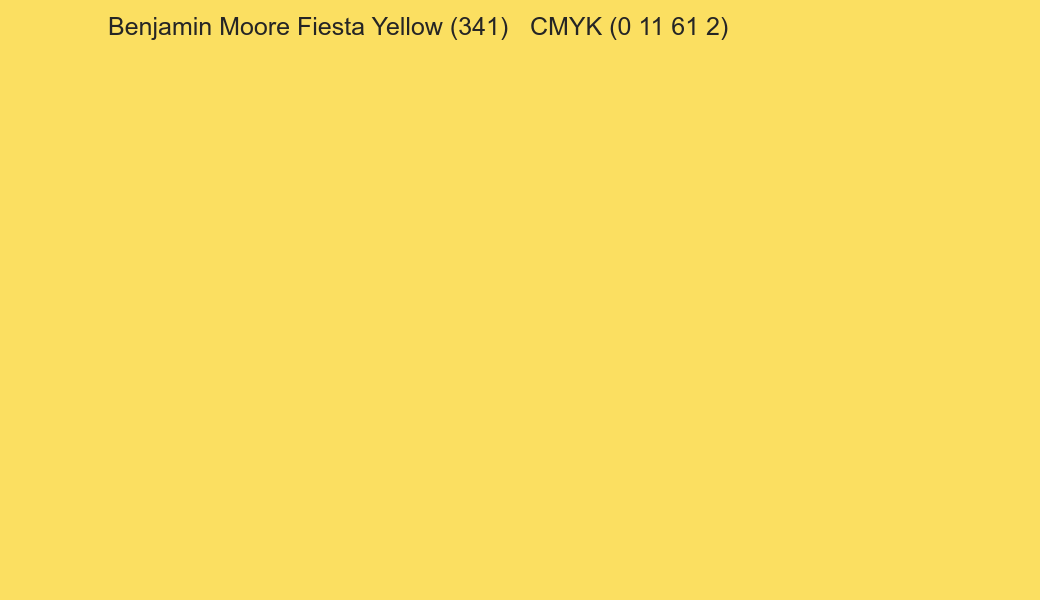 Color Benjamin Moore Fiesta Yellow (341) to CMYK (0 11 61 2) converter Color Benjamin Moore Fiesta Yellow (341) to CMYK (0 11 61 2) converter