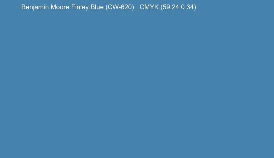 Color Benjamin Moore Finley Blue (CW-620) to CMYK (59 24 0 34) converter Color Benjamin Moore Finley Blue (CW-620) to CMYK (59 24 0 34) converter