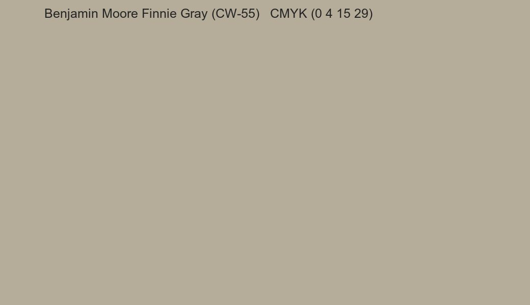 Color Benjamin Moore Finnie Gray (CW-55) to CMYK (0 4 15 29) converter Color Benjamin Moore Finnie Gray (CW-55) to CMYK (0 4 15 29) converter