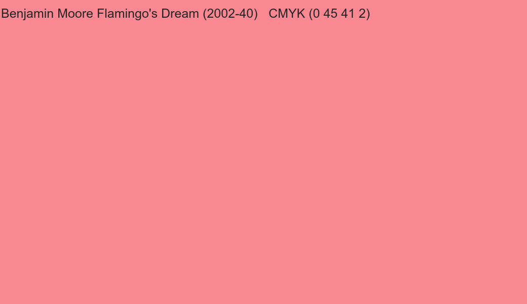 Color Benjamin Moore Flamingo's Dream (2002-40) to CMYK (0 45 41 2) converter Color Benjamin Moore Flamingo's Dream (2002-40) to CMYK (0 45 41 2) converter