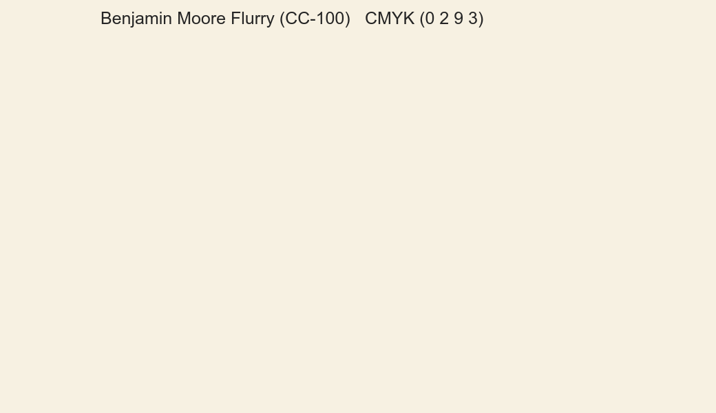 Color Benjamin Moore Flurry (CC-100) to CMYK (0 2 9 3) converter Color Benjamin Moore Flurry (CC-100) to CMYK (0 2 9 3) converter
