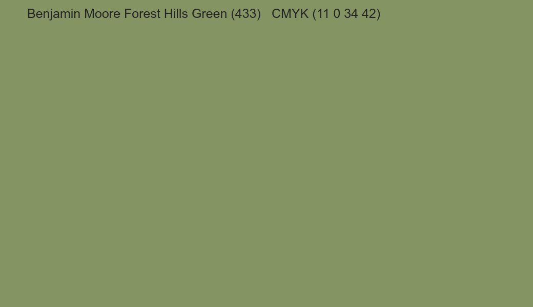 Color Benjamin Moore Forest Hills Green (433) to CMYK (11 0 34 42) converter Color Benjamin Moore Forest Hills Green (433) to CMYK (11 0 34 42) converter