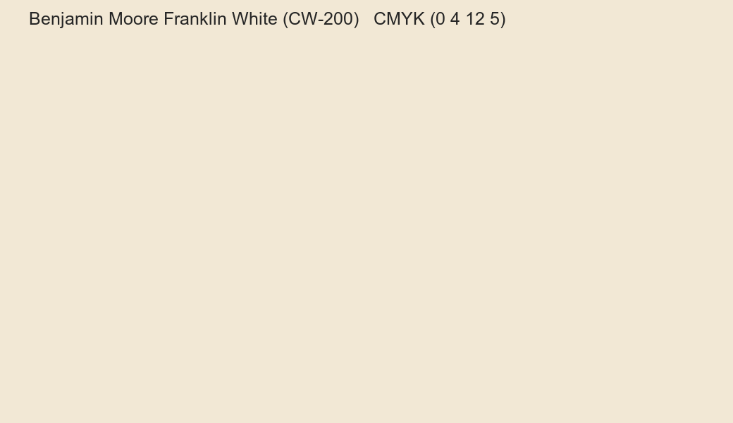 Color Benjamin Moore Franklin White (CW-200) to CMYK (0 4 12 5) converter Color Benjamin Moore Franklin White (CW-200) to CMYK (0 4 12 5) converter