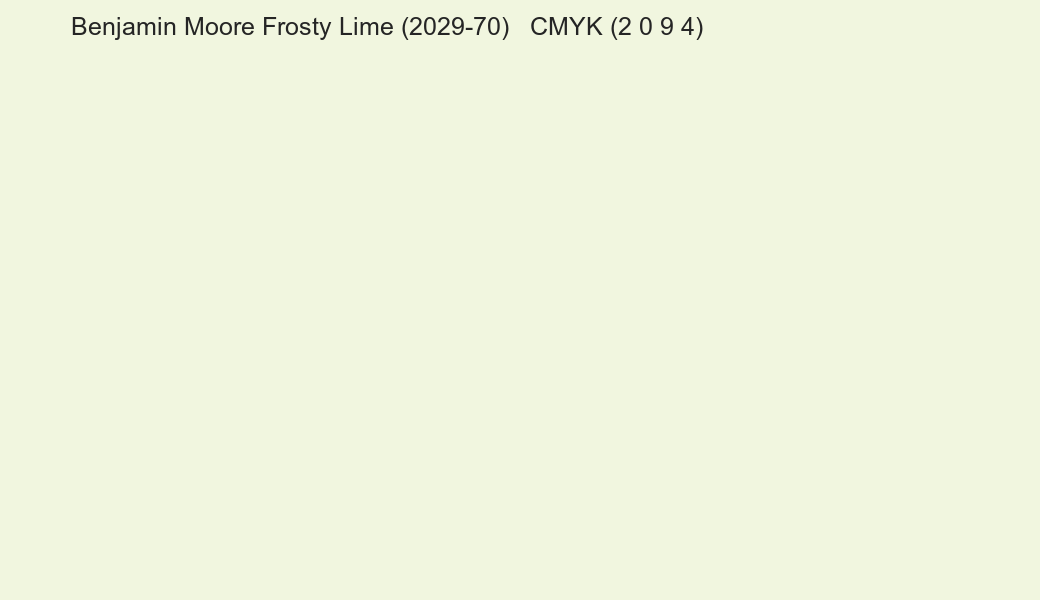 Color Benjamin Moore Frosty Lime (2029-70) to CMYK (2 0 9 4) converter Color Benjamin Moore Frosty Lime (2029-70) to CMYK (2 0 9 4) converter