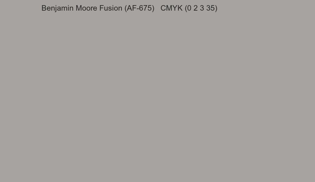 Color Benjamin Moore Fusion (AF-675) to CMYK (0 2 3 35) converter Color Benjamin Moore Fusion (AF-675) to CMYK (0 2 3 35) converter