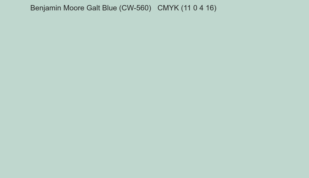Color Benjamin Moore Galt Blue (CW-560) to CMYK (11 0 4 16) converter Color Benjamin Moore Galt Blue (CW-560) to CMYK (11 0 4 16) converter