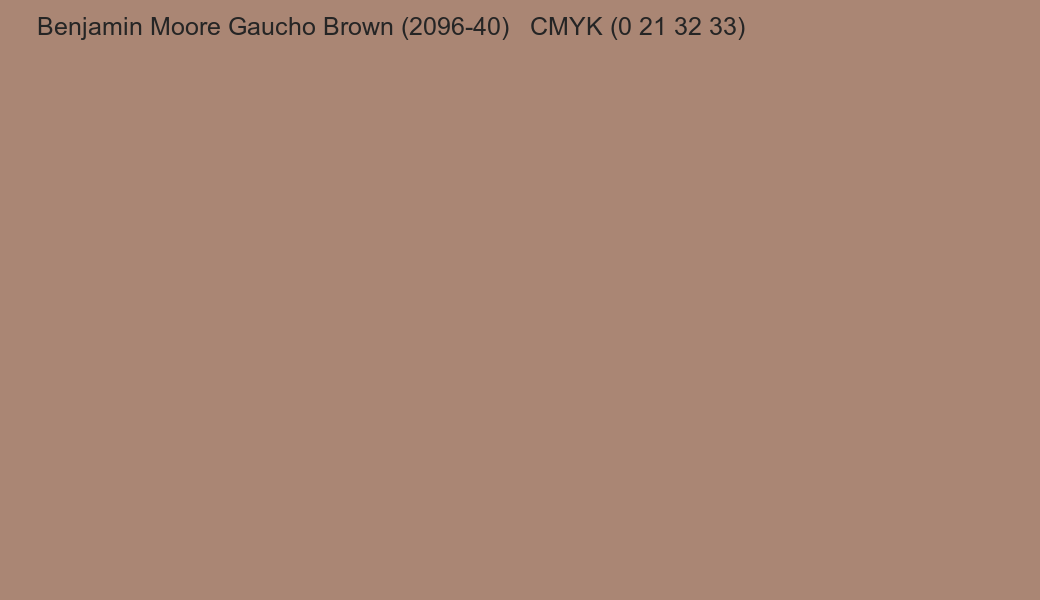 Color Benjamin Moore Gaucho Brown (2096-40) to CMYK (0 21 32 33) converter Color Benjamin Moore Gaucho Brown (2096-40) to CMYK (0 21 32 33) converter