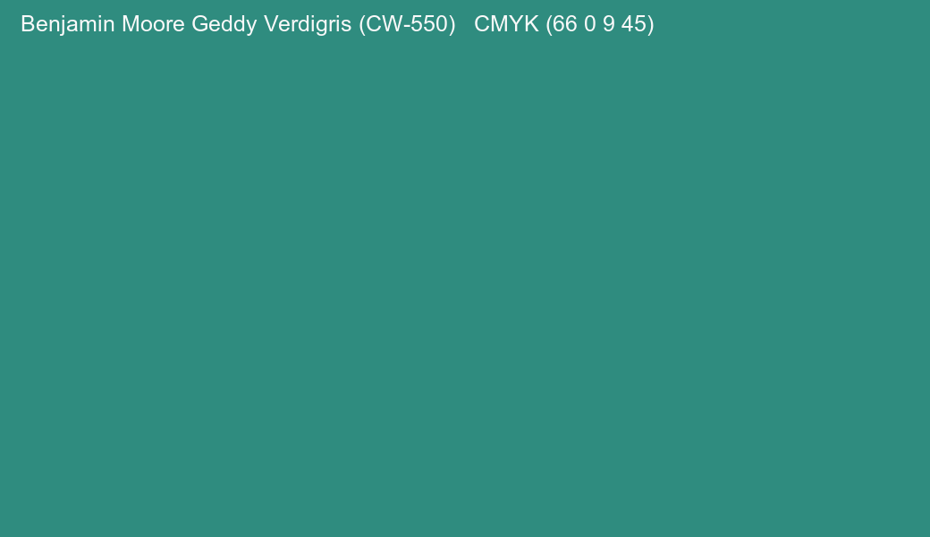 Color Benjamin Moore Geddy Verdigris (CW-550) to CMYK (66 0 9 45) converter Color Benjamin Moore Geddy Verdigris (CW-550) to CMYK (66 0 9 45) converter