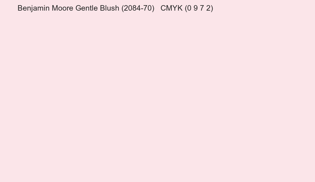 Color Benjamin Moore Gentle Blush (2084-70) to CMYK (0 9 7 2) converter Color Benjamin Moore Gentle Blush (2084-70) to CMYK (0 9 7 2) converter