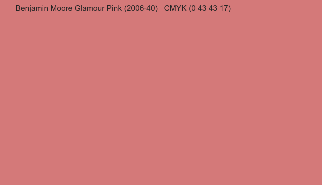 Color Benjamin Moore Glamour Pink (2006-40) to CMYK (0 43 43 17) converter Color Benjamin Moore Glamour Pink (2006-40) to CMYK (0 43 43 17) converter